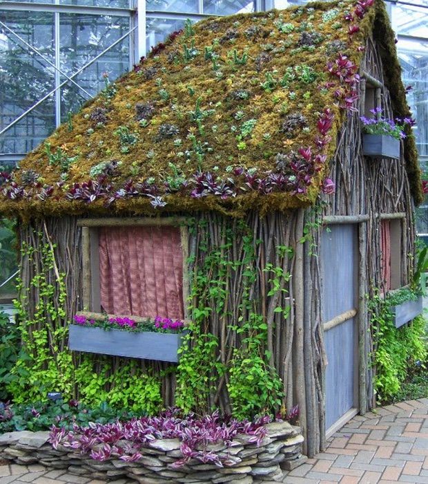 A small rustic summer house with a roof covered in moss and various plants, surrounded by leafy climbing vines. Purple and green plants adorn the window boxes and base of the house. The house appears to be situated in a garden or greenhouse setting. - a room in the garden