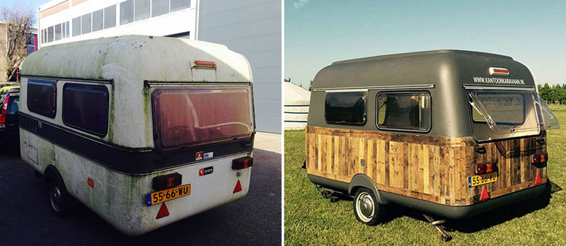 Side-by-side images showing a renovated camper. Left: the old camper with a dirty, white exterior. Right: the same camper after renovation, now transformed into a chic garden office with wood-paneled sides, a dark gray top, and a website URL on the back. - a room in the garden