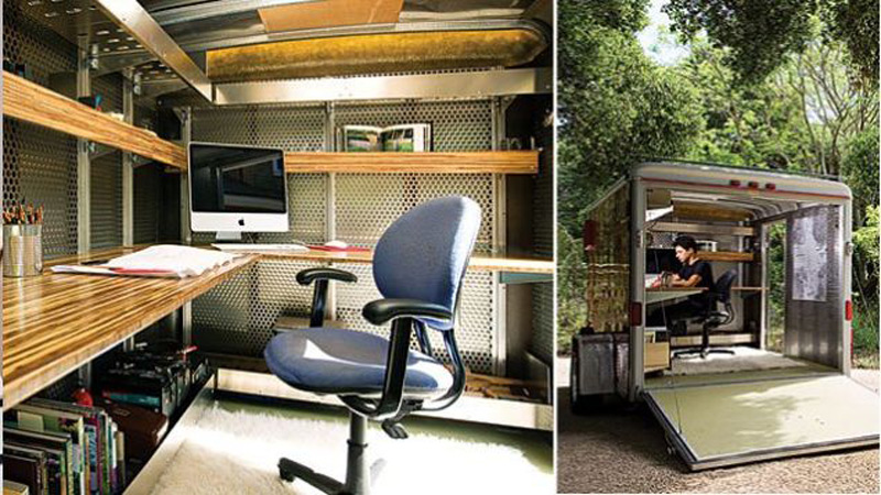 A garden office inside a converted trailer, featuring a wooden desk with a computer and office supplies, ergonomic chair, and a plush white rug. The adjacent photo shows the exterior with its door open, revealing the workspace and a person inside. Lush greenery surrounds the trailer. - a room in the garden