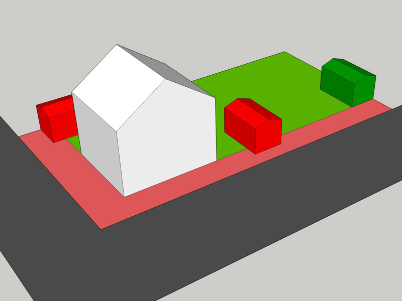 A 3D model of a plot with a white house, a green lawn, and three rectangular structures. Two of the structures are red and located to the sides of the house, while one is green and placed behind the house. The plot is bordered by a black road, highlighting its planning permission potential. - a room in the garden