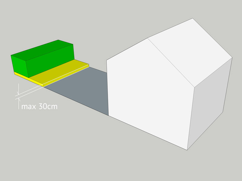 A 3D illustration showing a house with a connected yellow and green structure. The connection, colored in yellow and labeled "max 30cm", appears to be a pathway or bridge between the main house and green extension. Planning permission might be required for such modifications. - a room in the garden