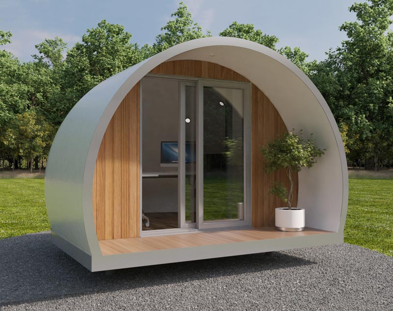 A small, modern pod-shaped tiny house with curved white and wooden exteriors. It has large glass sliding doors, a small porch with a potted plant, and is set on gravel in a grassy area with trees in the background. Ideal as a garden office, it offers both functionality and serenity. - a room in the garden