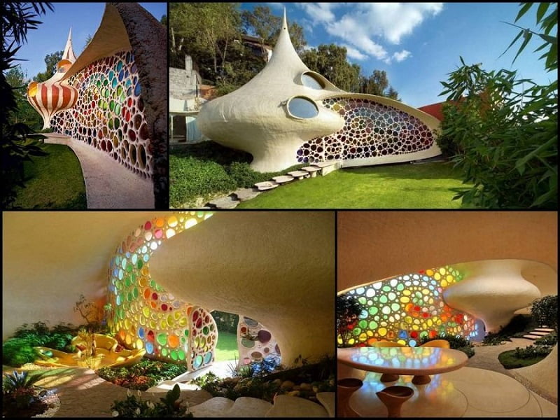 A collage of four images showcases whimsical architecture in a seashell-inspired house. The exterior features colorful, circular stained glass windows and a unique, curved white structure with organic forms. The interior is illuminated by vibrant, stained glass mosaics, creating a surreal ambiance. - a room in the garden