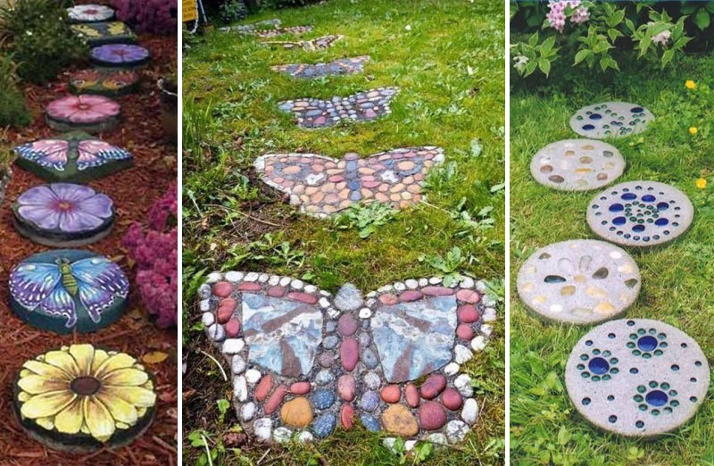 A collage of three garden paths decorated with colorful stepping stones, offering inspiring path ideas. The left path has round stones painted with flowers and butterflies, the middle path features butterfly-shaped stones made with colorful mosaic pieces, and the right path has circular stones with embedded marbles. - a room in the garden