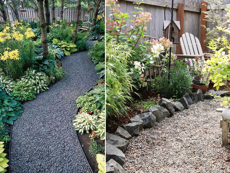 Split image showing two garden path ideas. The left path is flanked by lush green plants and yellow flowers, leading through a shady garden. The right features a gravel path with a border of rocks, surrounded by a wooden fence, plants, and a white Adirondack chair. - a room in the garden