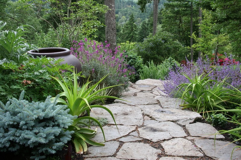 A picturesque stone pathway, perfect for path ideas, winds through a lush garden filled with diverse greenery, vibrant purple flowers, and a large ceramic pot. Tall trees and distant hills provide a serene, verdant backdrop. - a room in the garden