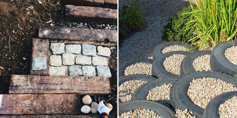 Left image shows a garden path under construction with wooden planks framing square stone tiles. Right image presents an innovative pathway idea made of stacked tires filled with gravel. Both paths are surrounded by lush plants, showcasing creative path ideas for any garden space. - a room in the garden