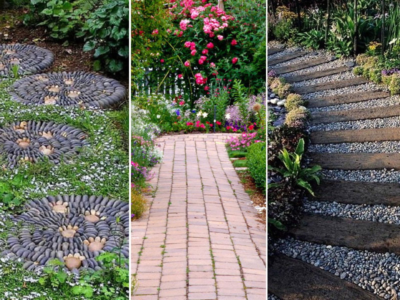 A collage of garden path ideas: left features circular stone patterns with plants, center showcases a brick pathway bordered by blooming flowers, right depicts a rustic gravel and wood step path surrounded by greenery. - a room in the garden