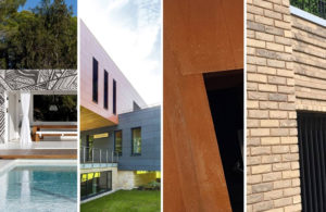 A collage of four architectural styles: a modern poolside pavilion with printed awning and sheer curtains, a contemporary building with large windows, cladding on a rust-colored metal wall, and a close-up of a brick facade with a black door. - a room in the garden