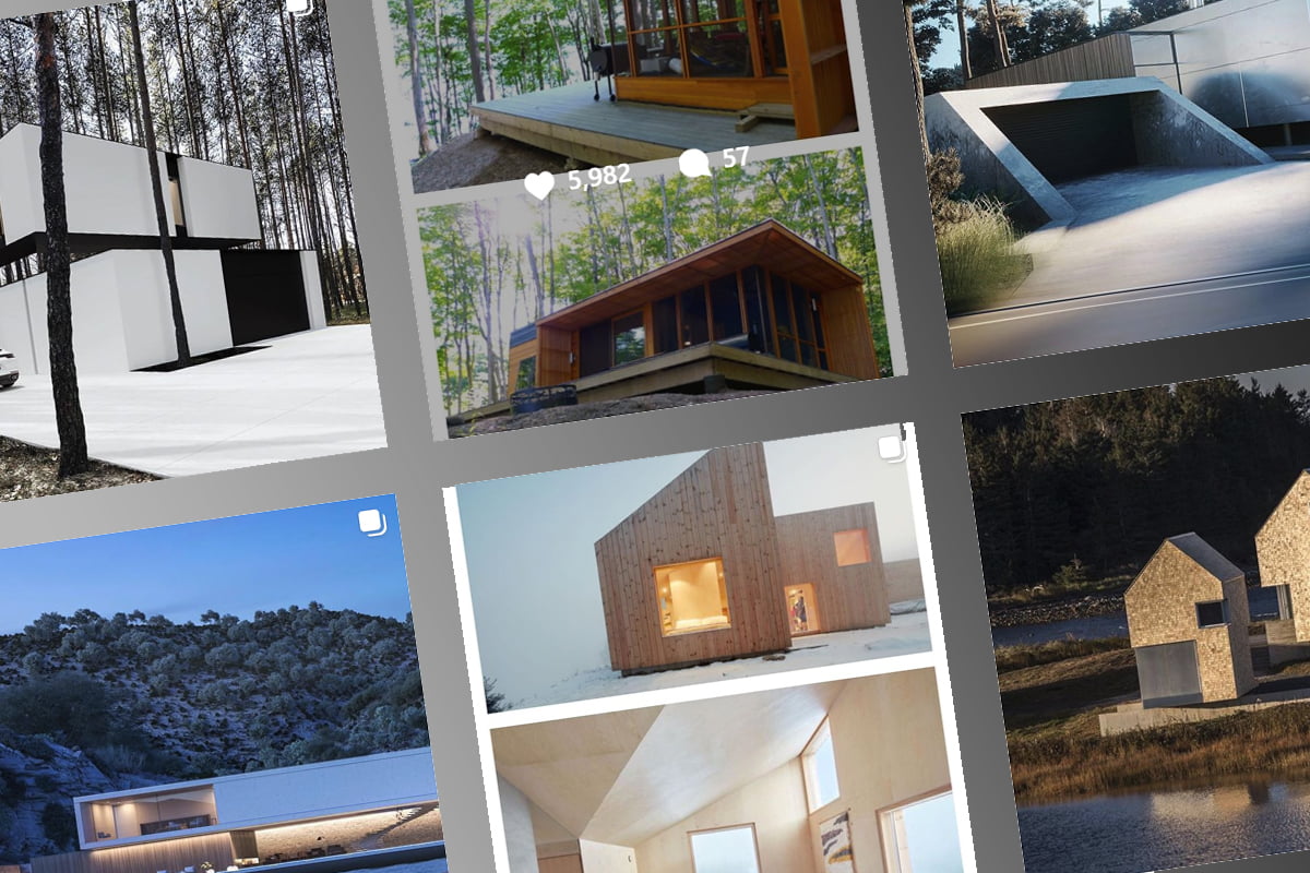 A collage of modern architectural designs features minimalistic houses nestled in natural landscapes, often complemented by a modern garden building. The homes have large windows and wooden or concrete exteriors, blending seamlessly with their surroundings. One image shows likes and comments, indicating social media presence. - a room in the garden