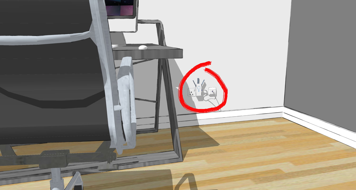 A digital rendering shows a corner of a room with a metal chair partially visible on the left and a desk with a monitor above it. A red circle highlights an electrical outlet on the wall with attached USB ports. The room, situated in a garden building, has wooden flooring and gray walls. - a room in the garden