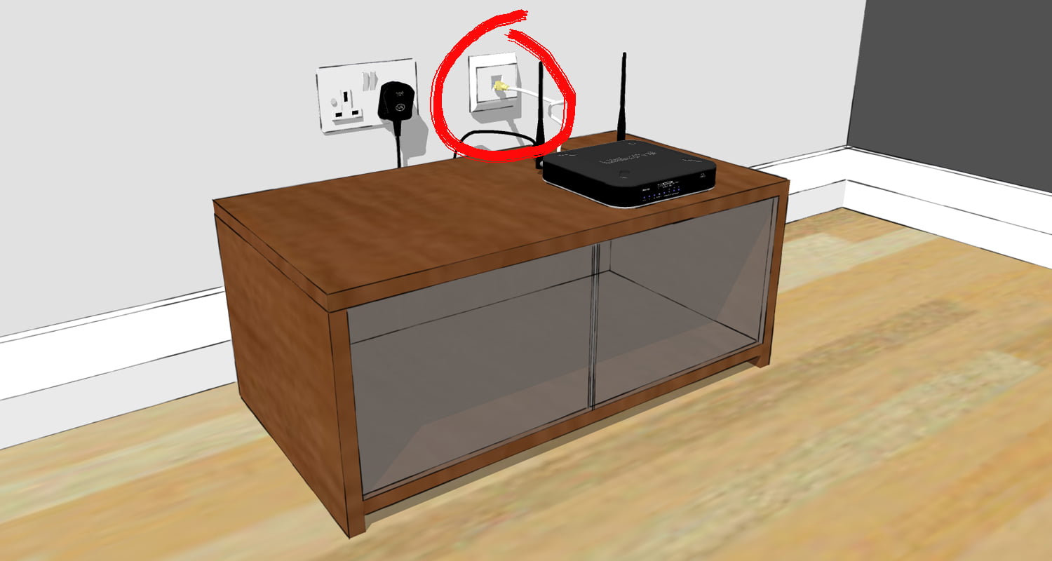 A small wooden cabinet with glass doors stands on a wooden floor against a white wall, reminiscent of a cozy garden building interior. On top of the cabinet is a WiFi router, and behind it, a wall socket is circled in red. Several electrical cords are plugged into the socket. - a room in the garden