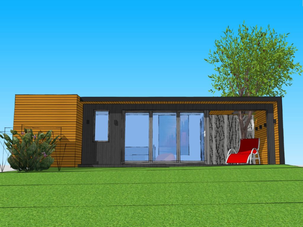 A modern, single-story modular home with a flat roof and large glass sliding doors. The exterior, reminiscent of designer garden rooms, features wooden paneling and a shaded patio area with a red reclining chair. Surrounded by lush greenery and bushes, with a tree on the right side against the clear blue sky. - a room in the garden