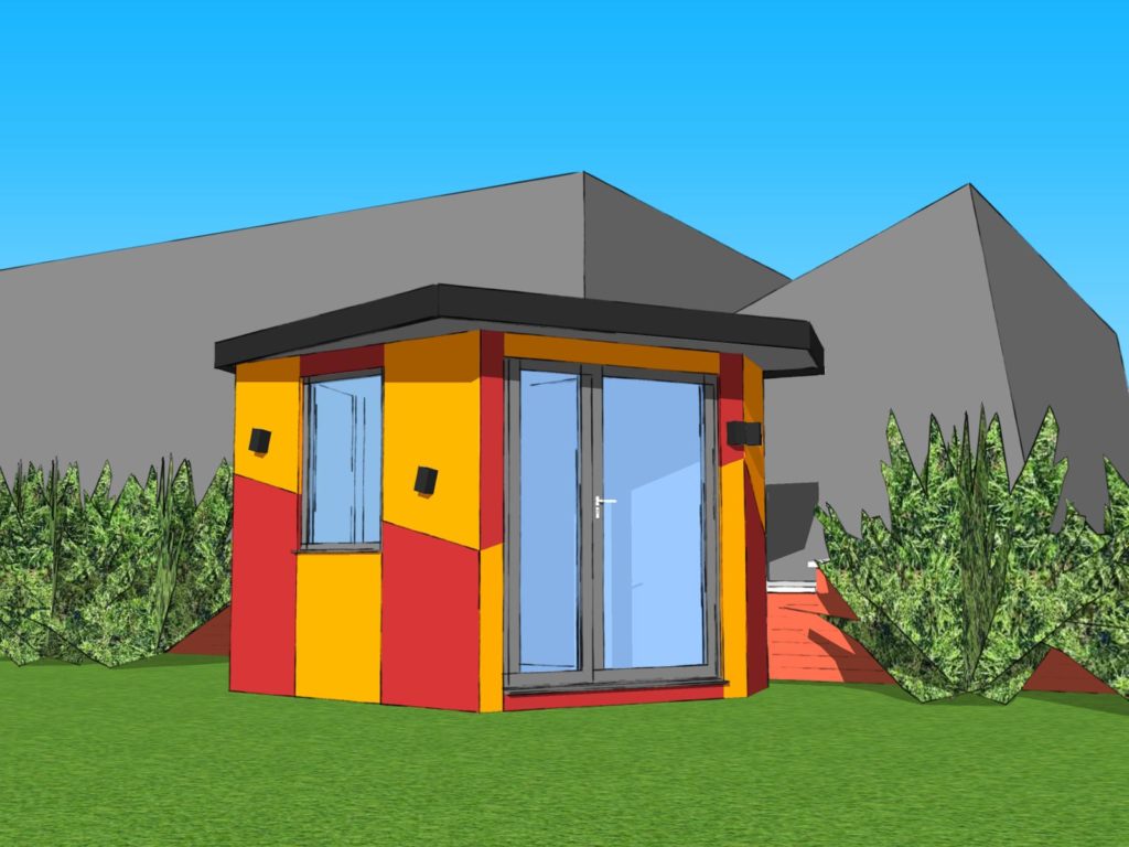 A small, colorful building with large glass doors and windows. The building features a flat black roof and is painted in red, yellow, and orange sections. It stands amidst green bushes like designer garden rooms, with large gray structures visible in the background under a clear blue sky. - a room in the garden