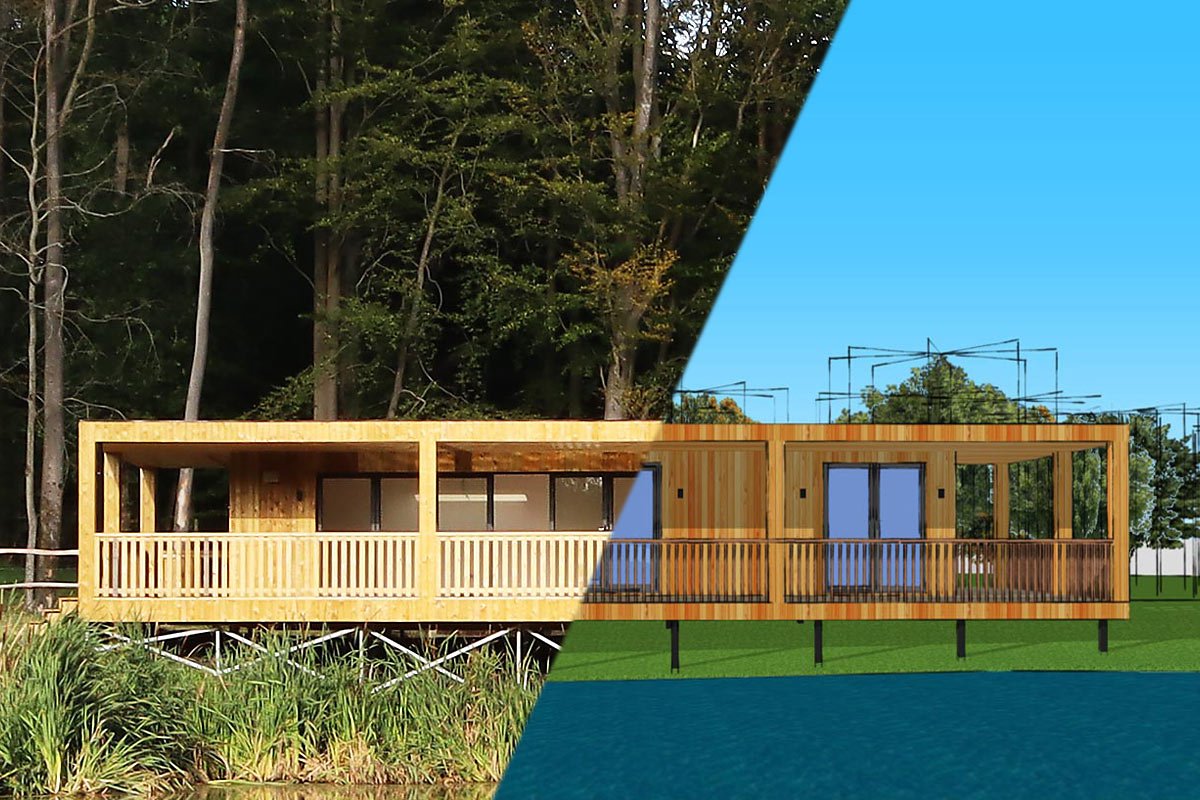 A split-view image of a house, with one half showing a real wooden cabin elevated on stilts by a forested area, and the other half depicting a digital 3D model of the same cabin, showcasing its planned design with a bright blue backdrop. Ideal for those considering designer garden rooms. - a room in the garden