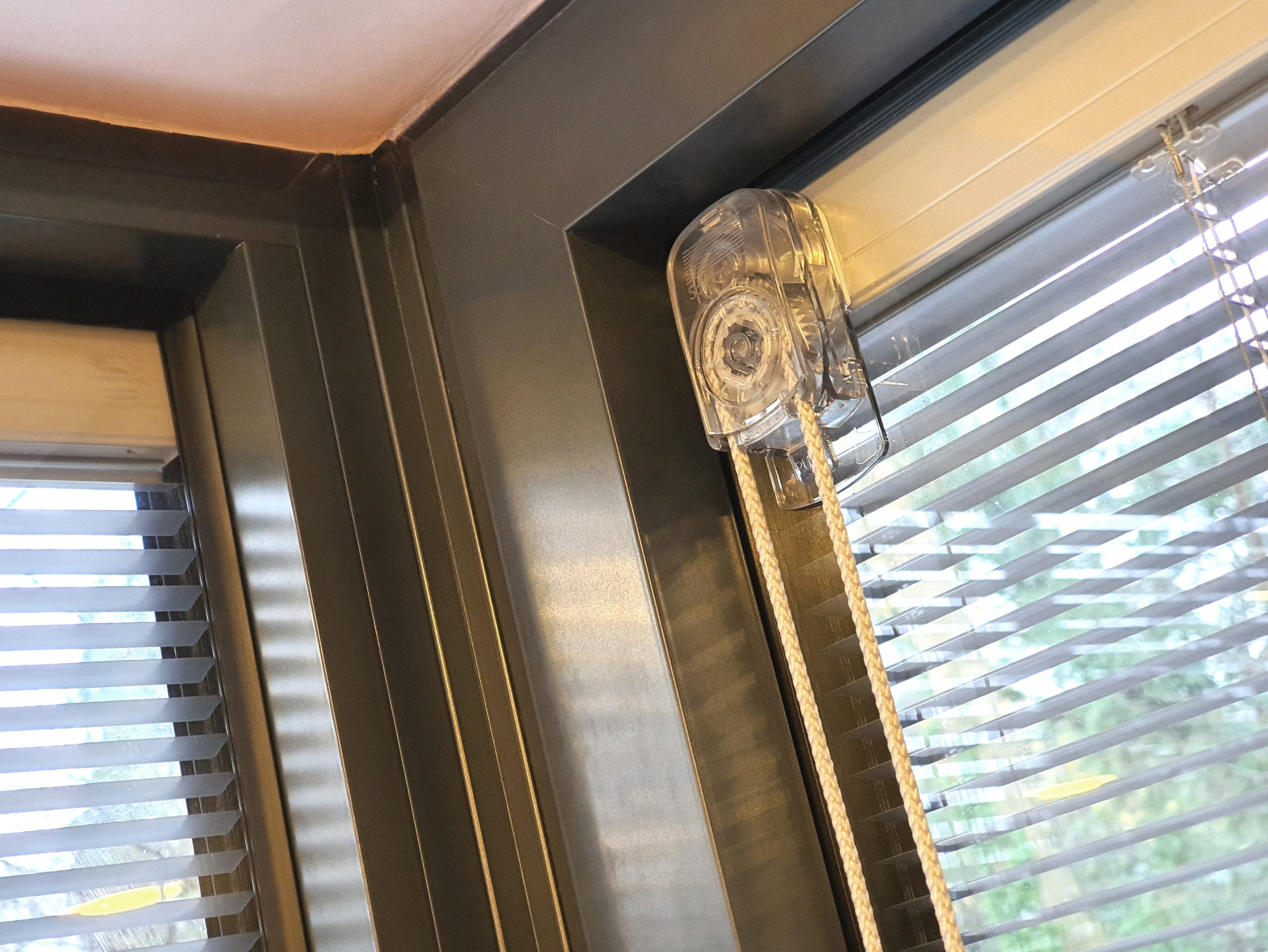 Close-up of a window with horizontal blinds partially open. A small transparent device is attached at the top corner where the two windows meet, likely used to control the integrated blinds. The frame is dark, and faint foliage is visible through the glass. - a room in the garden