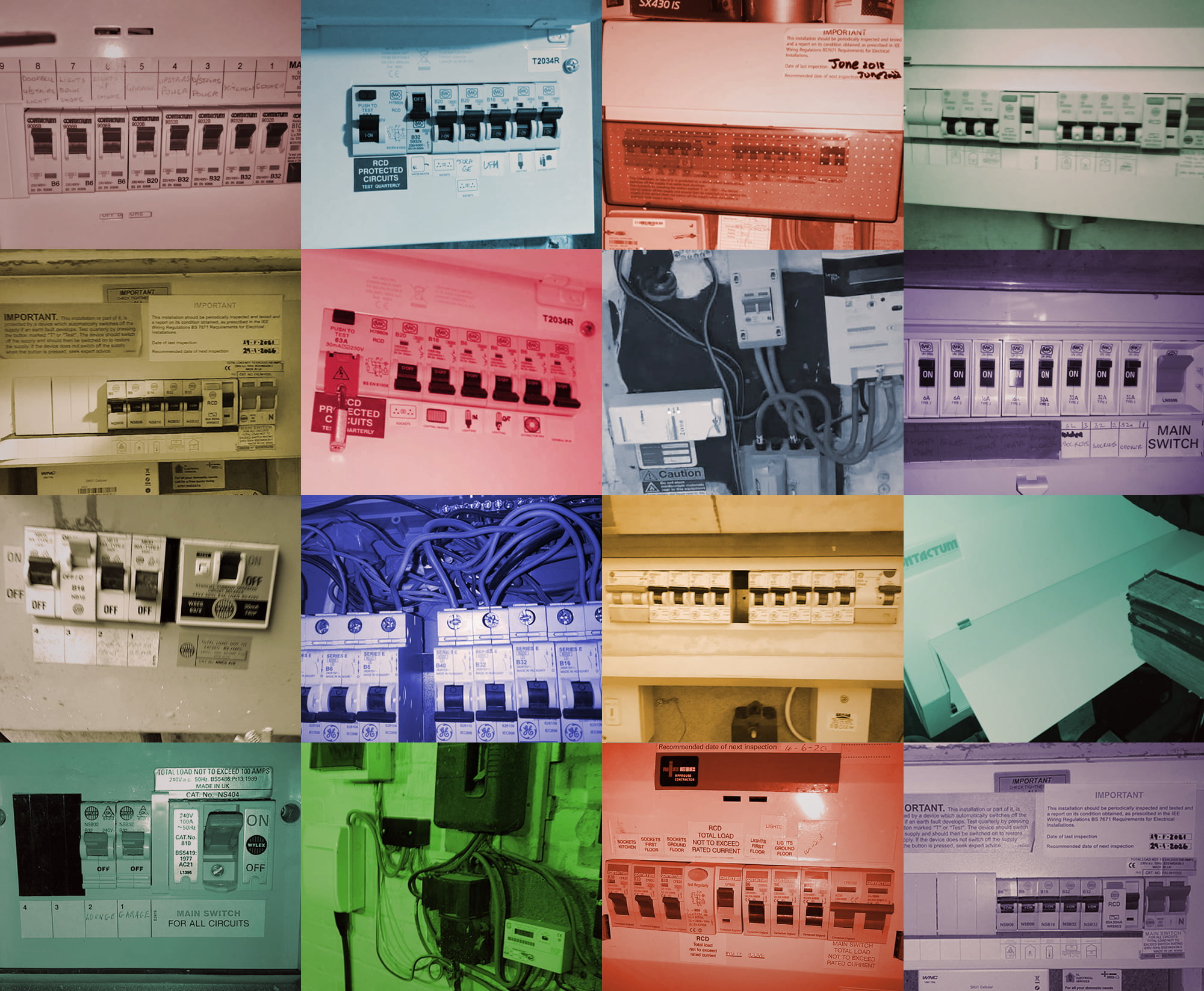 A collage of various electrical panels and circuit breaker boxes, each marked with different switches, labels, and colored backgrounds. The boxes contain numerous switches in different configurations and arrangements, including main switches and individual circuit labels, ideal for garden room setups. - a room in the garden