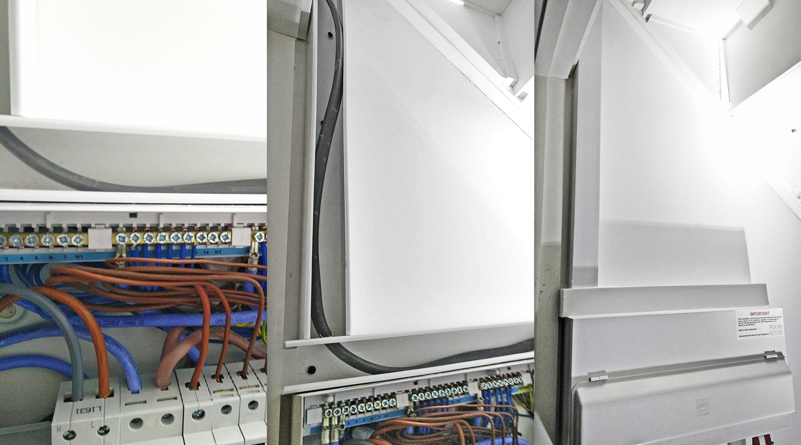 A close-up view of an electrical panel with various colored wires and components connected inside. The panel, nestled within a garden room, is partially open, revealing intricate wiring and circuits. The background features a clean white surface with no discernible features. - a room in the garden