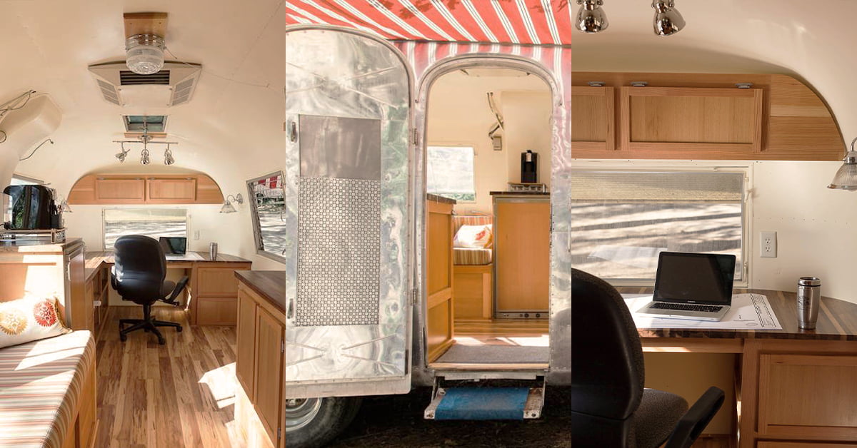 Three images of a renovated Airstream trailer interior: (1) Shows a cozy garden office with a wooden desk, chair, and overhead storage. (2) Shows the entry door with a peek of the kitchen area. (3) Shows another view of the workspace with a laptop and a coffee mug on the desk. - a room in the garden