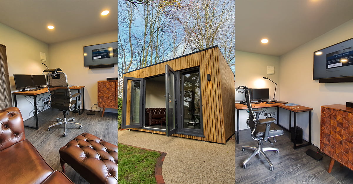 A composite image features three views of a modern garden office. The left and right images show the stylish interior with a desk, chair, monitors, and leather furniture. The center image highlights the contemporary wooden exterior set in a vibrant garden. - a room in the garden