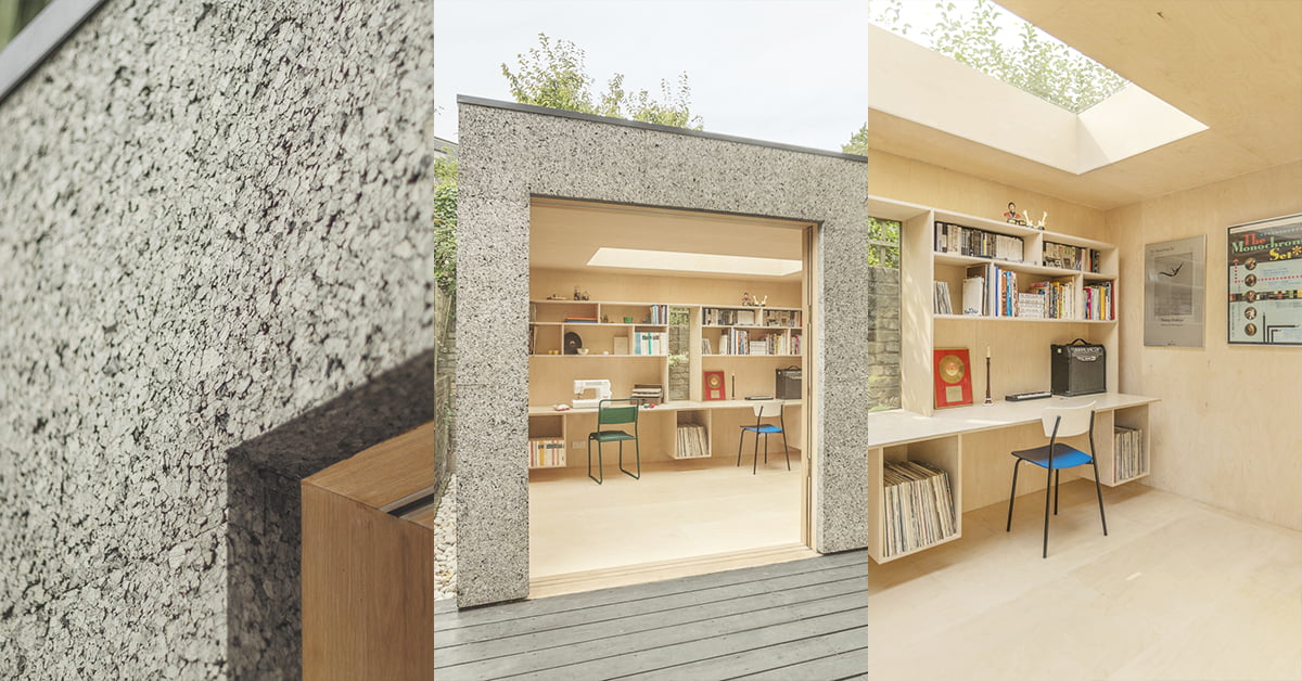 A collage of three images displays a modern, minimalist garden office. The left image shows a close-up of a textured wall, the middle image reveals a cozy room with shelves, chairs, and a skylight, and the right image provides a detailed view of the same room from a different angle. - a room in the garden