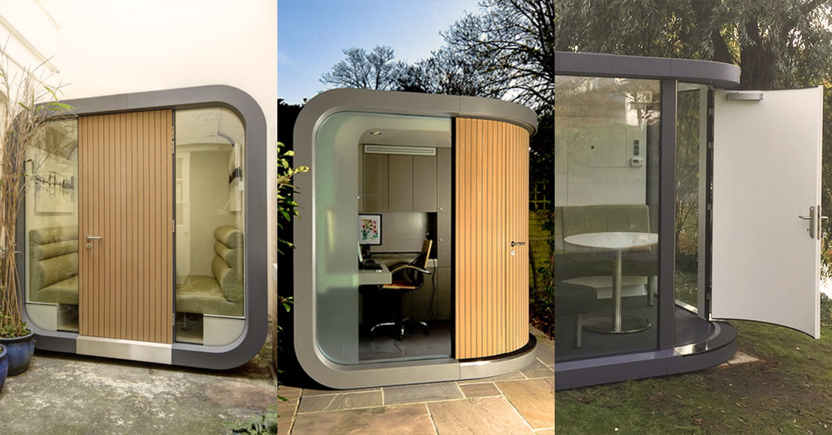 Three images of modern garden office pods are displayed. The first shows an exterior view with a wooden door. The second features an interior view with a desk and office chair. The third exhibits a round table and chair setup with the door open to a green outdoor area, blending work and nature seamlessly. - a room in the garden