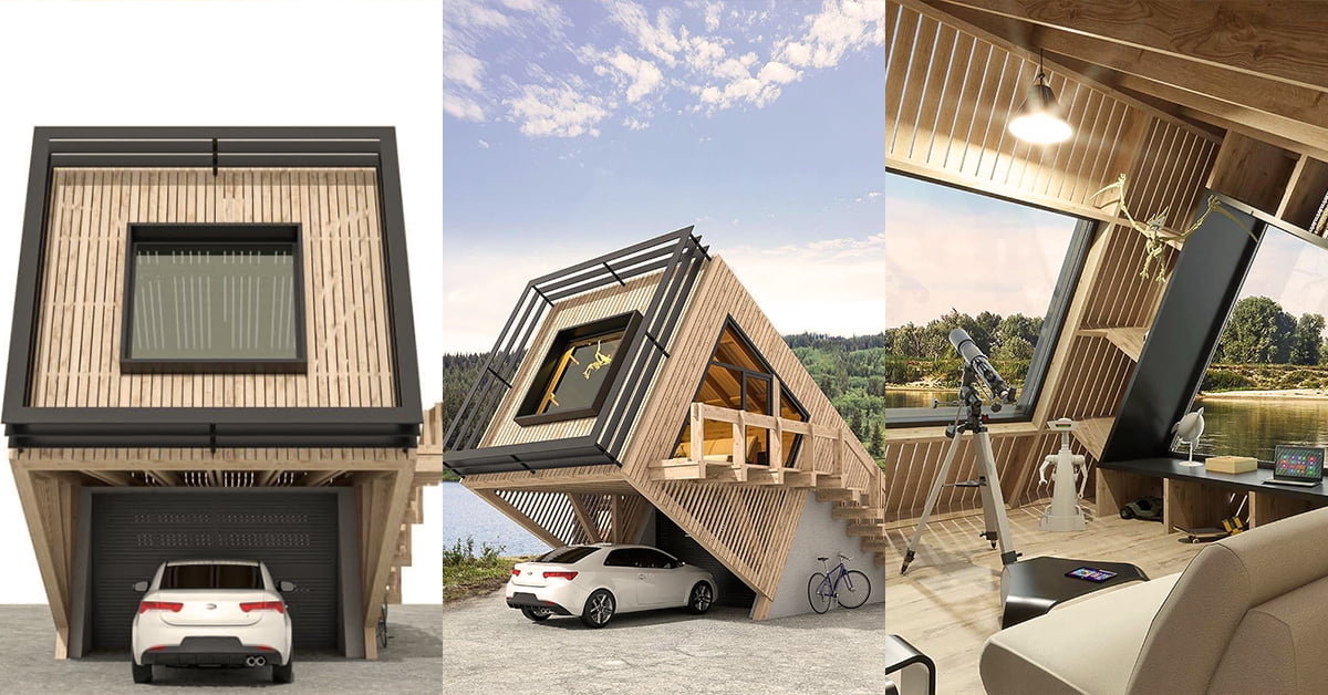 A three-part image showcasing a modern wooden tiny house with an angled roof. The first part shows the exterior with a car parked underneath. The second part depicts the house from another angle under a clear sky. The third part reveals a cozy, well-lit interior that doubles as a garden office, complete with a telescope. - a room in the garden