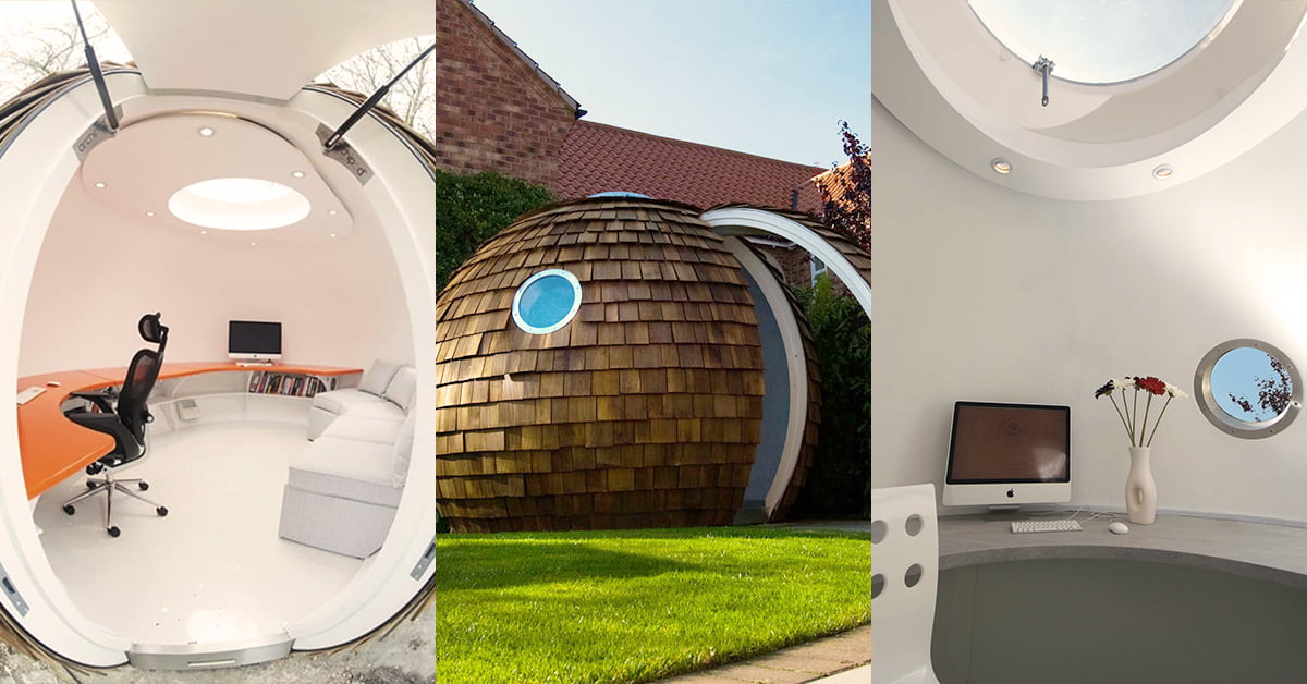 Triple image of a modern spherical garden office pod. Left: Interior with a computer desk, ergonomic chair, and grey sofa. Center: Exterior view showing its wooden shingle cladding and a blue circular window. Right: Different angle of the interior featuring a skylight and minimal decor. - a room in the garden