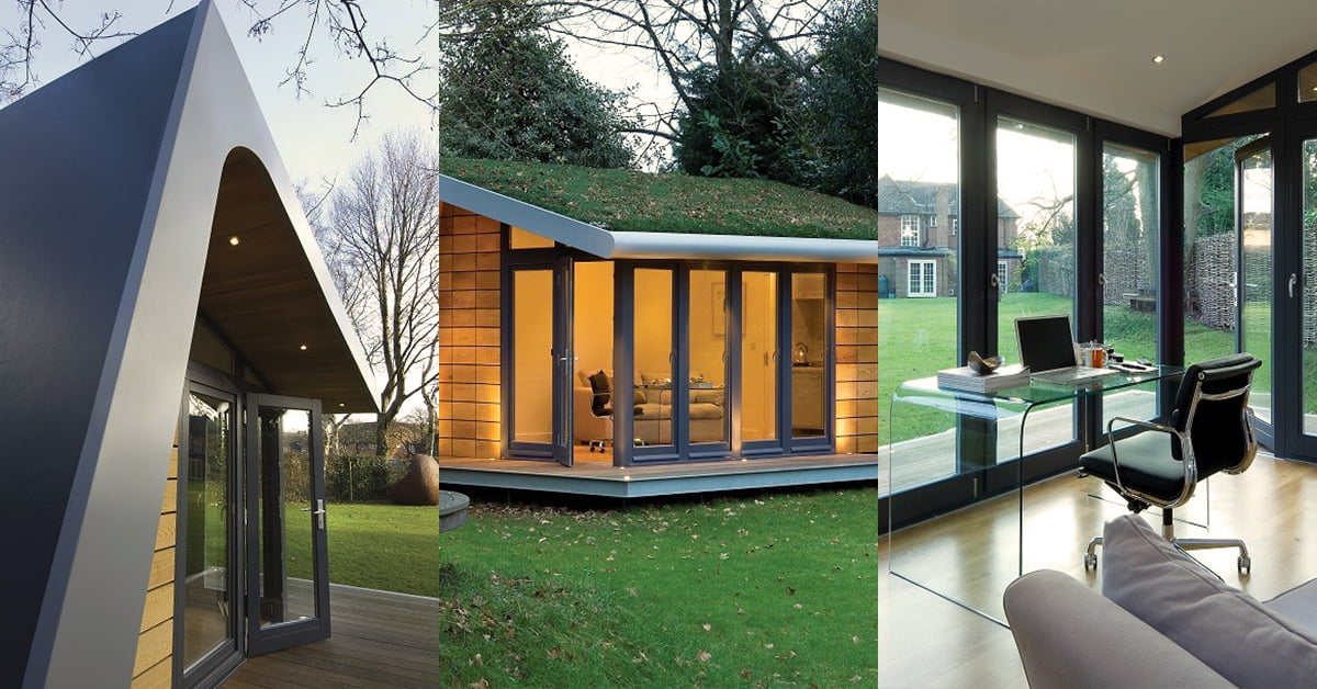 Three-panel image showing modern garden buildings and interiors. The left panel features a close-up of a small triangular cabin with large glass doors. The middle panel shows an external view of a wood-clad cabin. The right panel displays a sleek garden office with glass walls. - a room in the garden