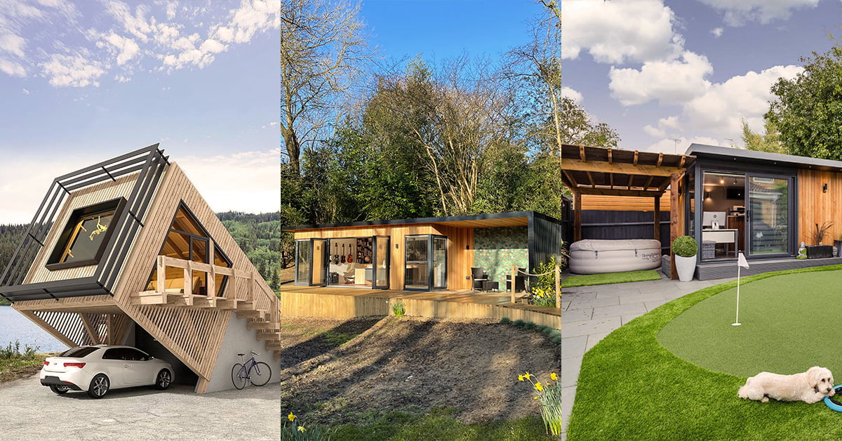 A composite image of three modern tiny house designs: a wooden tilted house with a carport, a sleek glass and wood house in a forest, and a contemporary house with a green landscaped garden, featuring a dog lying on the grass and an inviting garden office. - a room in the garden