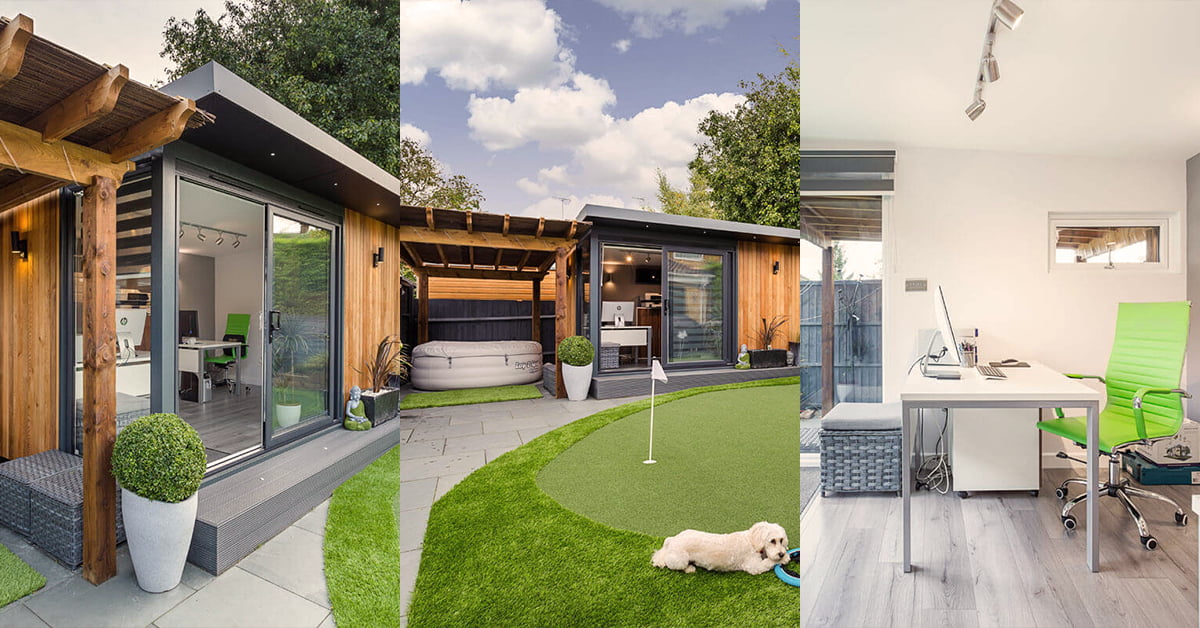 A modern garden office space with large glass doors. The exterior features a wooden pergola, a small putting green, and a seated area. Inside, there is a clean, minimalistic desk setup with a computer and a vibrant green office chair. - a room in the garden