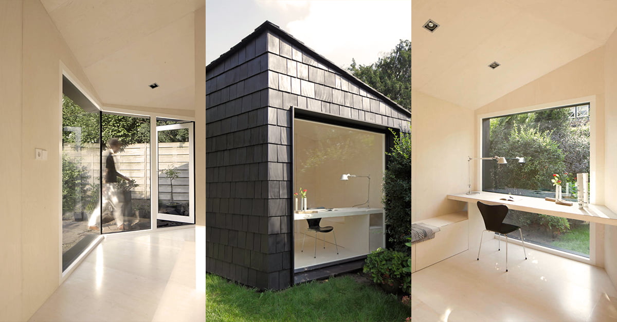 A modern, minimalist garden office shed with large windows for ample natural light. The interior features a built-in desk, a simple chair, and a clean, bright aesthetic. The exterior is clad in dark panels, contrasting with the light, airy garden office interior. - a room in the garden