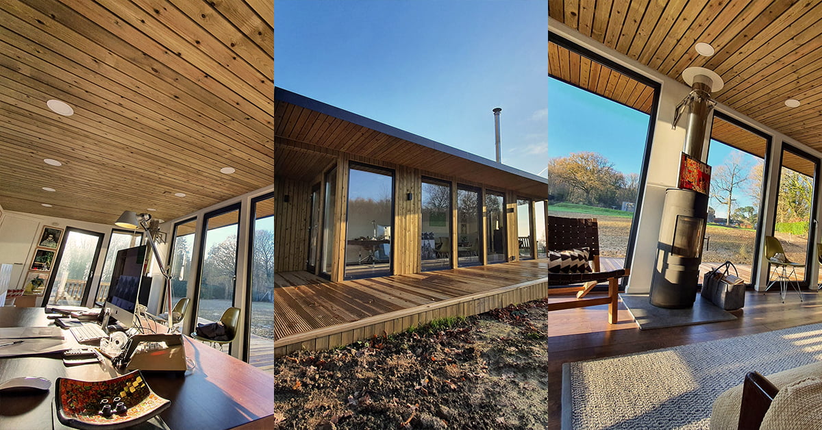 A collage of three images: a cozy garden office with wooden ceiling, desk, and computer setup; a modern house exterior with large windows and wooden decking; an inviting living area with large windows, wooden ceiling, wood-burning stove, and outdoor views. - a room in the garden