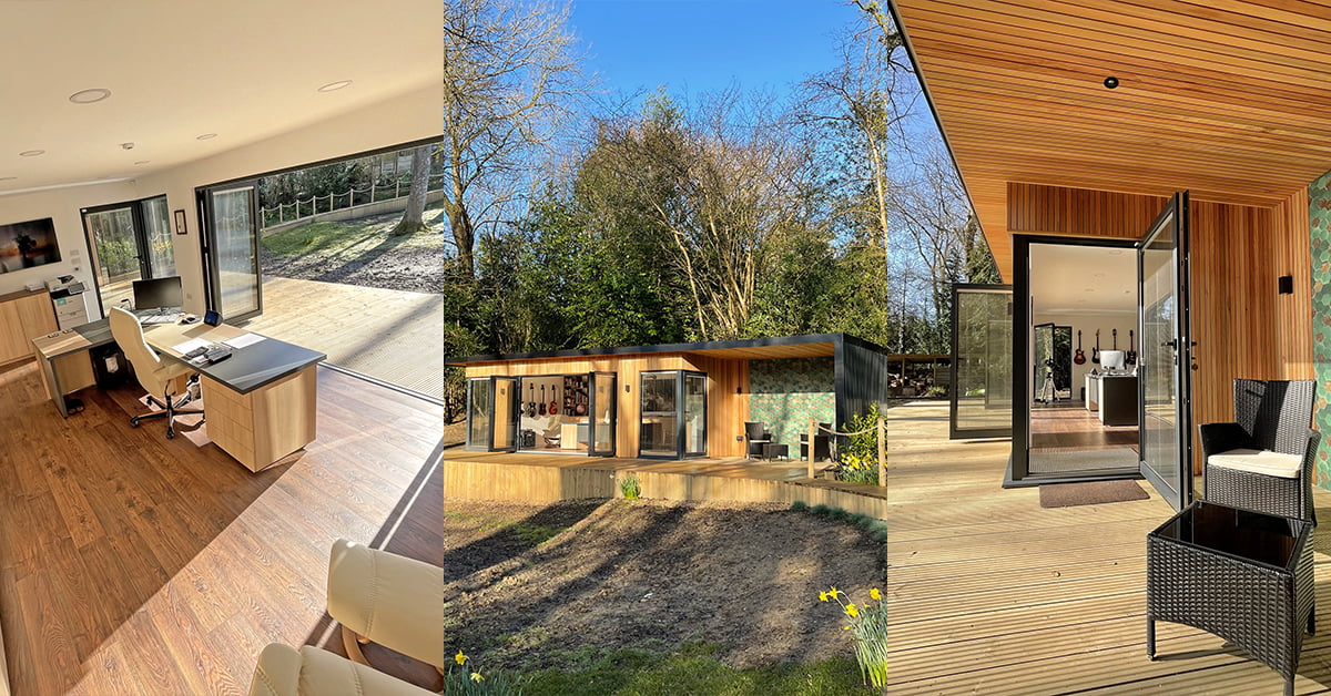 A composite image shows a garden office setup. The first panel displays an interior with a desk, chairs, large glass windows, and wood flooring. The second shows an exterior view of the office amidst trees. The third features a deck with outdoor seating. - a room in the garden