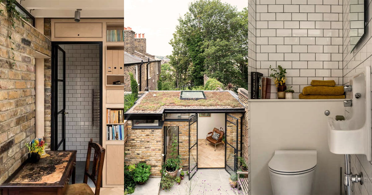 A collage showcases a cozy home with a greenhouse roof. The left image shows an interior with exposed brick walls and a garden office adjoining the small dining area. The middle image features the exterior with a green roof, and the right image displays a compact bathroom with white subway tiles. - a room in the garden