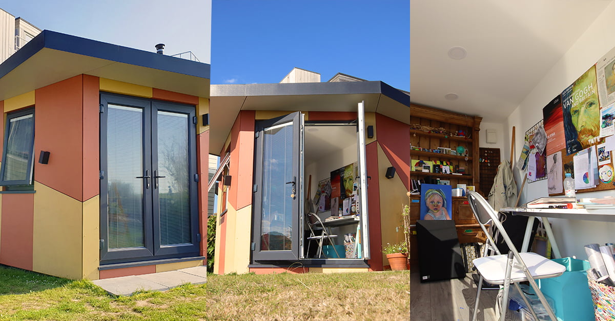 Three images of a colorful garden office with an art studio inside. Left: Exterior view showing geometric design with red, yellow, and beige panels and large windows. Middle: Door open to the interior with various art supplies visible. Right: Interior workspace with desk, drawings, and posters. - a room in the garden