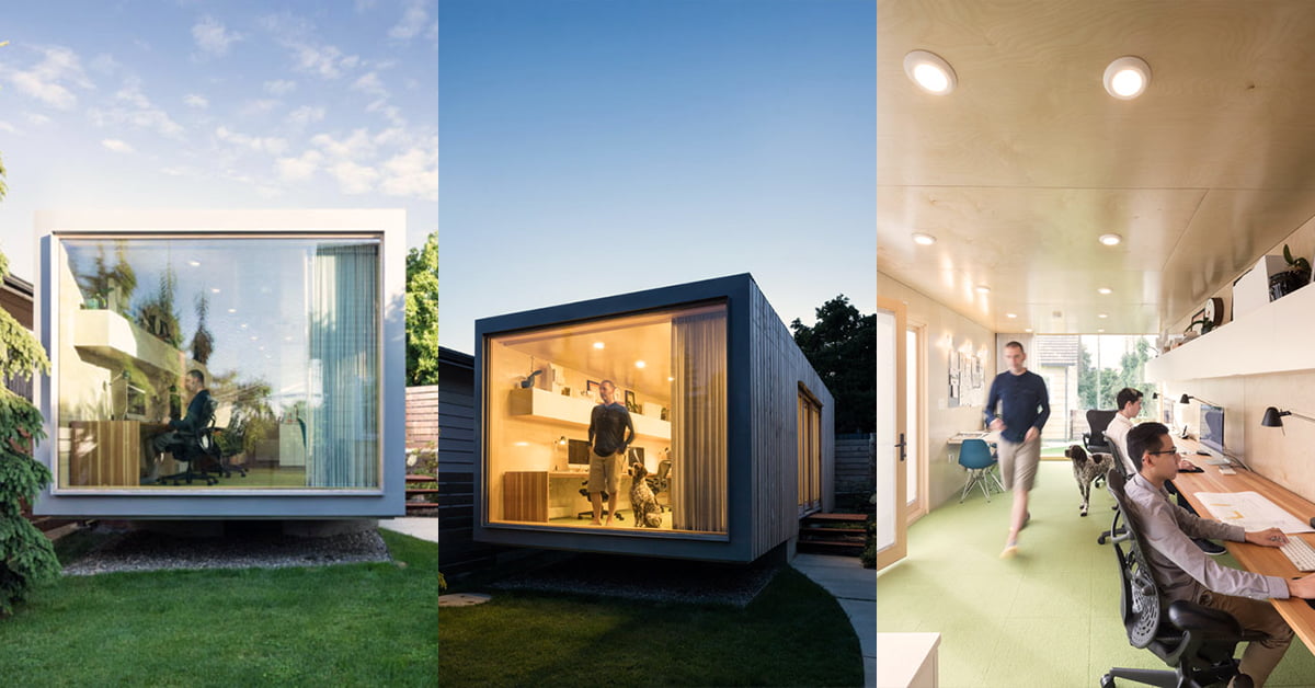 Three images show a modern garden office pod and its interior. The first image displays the pod's exterior with large windows, the second shows the pod illuminated at dusk, and the third reveals the interior workspace with people working at desks and walking around. - a room in the garden