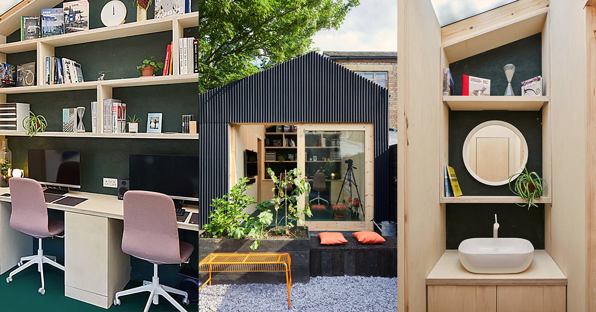 A collage of three images shows a home office setup with two desks and shelves, an exterior view of a modern garden office shed featuring a black metal facade and large windows, and a minimalist bathroom with a circular mirror and floating shelves. - a room in the garden