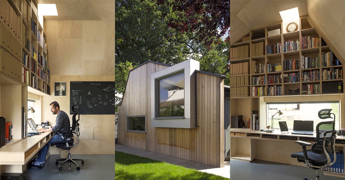 Three images of a modern garden office: the left image shows a man working at a desk with shelves and a window. The middle image is the exterior of the tiny house, featuring wooden paneling and a large window. The right image shows a tidy desk with shelves filled with books. - a room in the garden