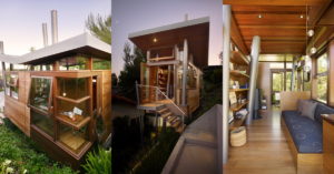 A modern tiny house, perfect as a garden office, is showcased in three views: an exterior angle highlighting large windows and wooden paneling, an exterior staircase leading to the entrance, and an interior view featuring wooden shelves, a cozy seating area, and ample natural light. - a room in the garden