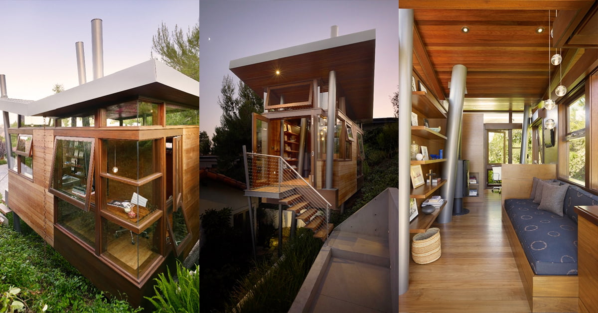 A modern tiny house, perfect as a garden office, is showcased in three views: an exterior angle highlighting large windows and wooden paneling, an exterior staircase leading to the entrance, and an interior view featuring wooden shelves, a cozy seating area, and ample natural light. - a room in the garden