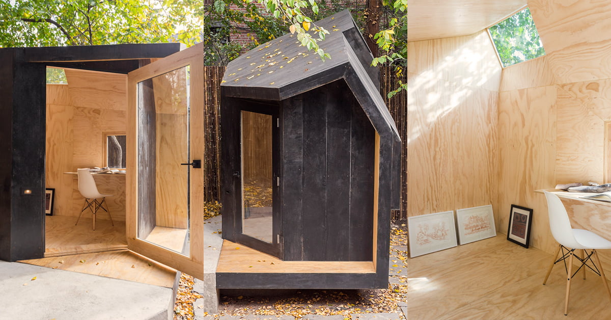 A trio of images showcasing a modern, small wooden garden office with an angled roof. The exterior is dark with a large glass door. Inside, it is minimally furnished with a desk, chair, and framed artwork propped against the wall. The studio is set amid leafy surroundings. - a room in the garden