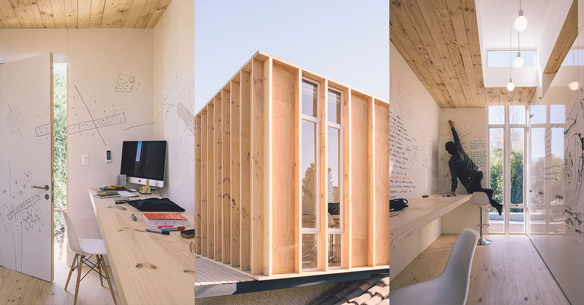 A modern garden office with wooden interior and exterior elements. The first image shows a desk with an iMac, a chair, and walls covered in sketches. The second image is an exterior view of the building. The third image shows a person writing on the wall. - a room in the garden