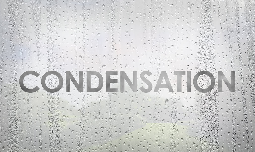 Condensation on a glass surface with droplets of water forming. The word "CONDENSATION" is written in large, semi-transparent letters across the middle of the image, highlighting how to avoid condensation. The background appears blurred due to the condensation. - a room in the garden