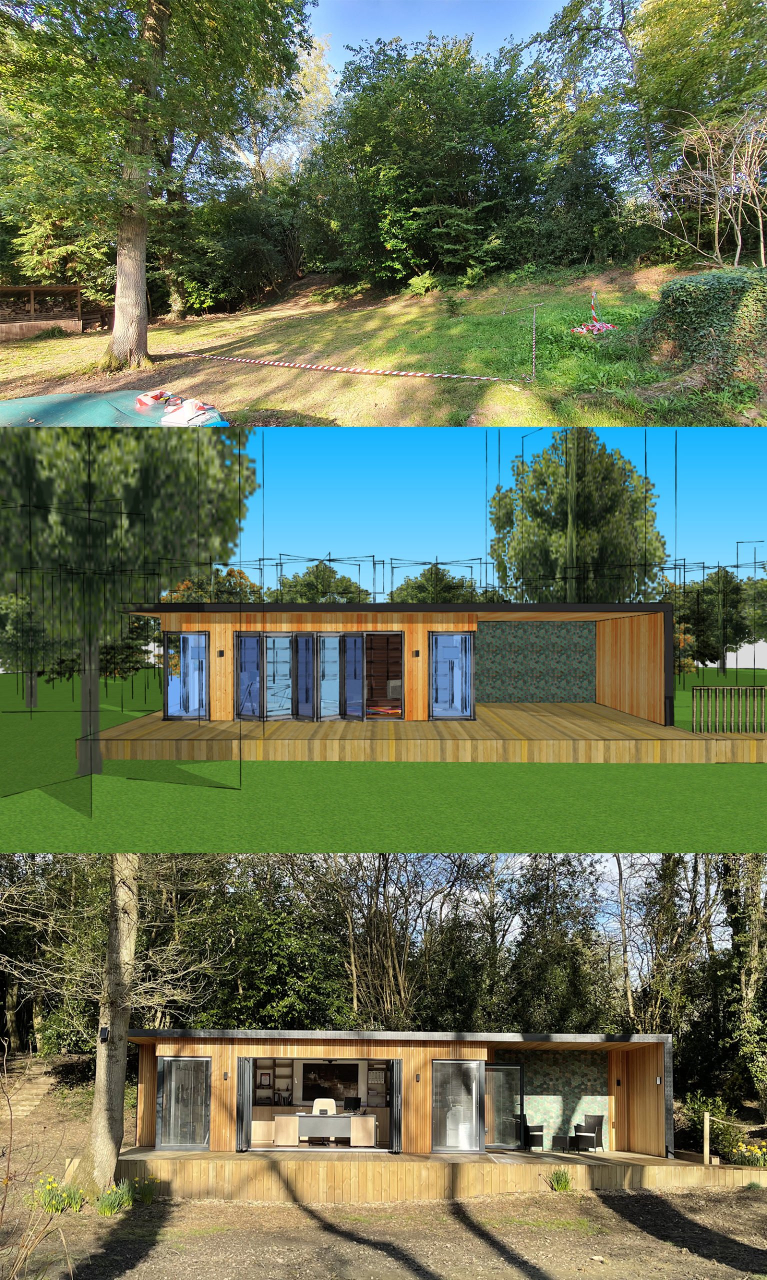 A three-part image of a modern wooden cabin in the woods. The top section shows the wooded area before construction. The middle section is a computer-generated design of the cabin and a garden office by the pond. The bottom section shows the finished cabin, blending naturally with the wooded surroundings. - a room in the garden