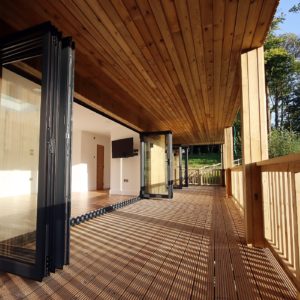 Roof overhang and decking for garden room office