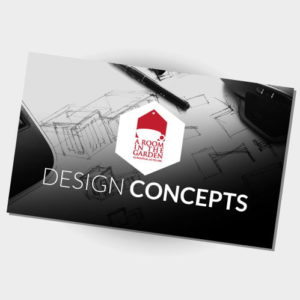 An architectural sketch featuring the logo "A Room in the Garden" at the center, with the words "Design Concepts" beneath it. The background includes a partial drawing of a structure and a pen, emphasizing a focus on architectural design. - a room in the garden