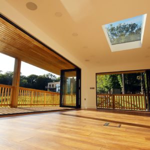 Skylight and bi-folding doors for design garden room cabin