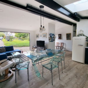 Interior design with open plan kitchen living room for bespoke mobile home