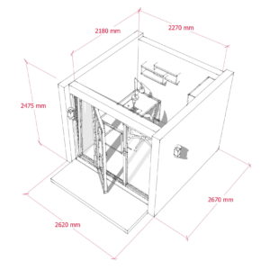 Isometric drawing of a room with dimensions indicated in millimeters. The room contains a desk with a computer, an office chair, shelves, and a door with multiple hinges. The dimensions of the room are marked at various edges, showing width, depth, and height. - a room in the garden